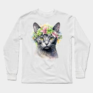 Abyssinian Cat Flowers Water Color Cat Mom Mother's Day Gift Long Sleeve T-Shirt